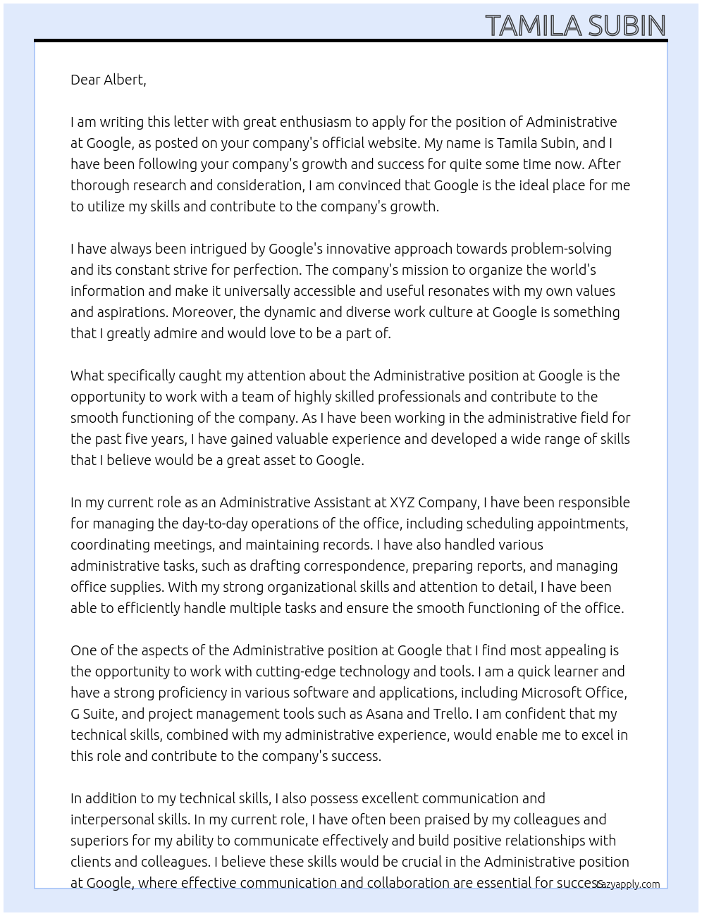 Administrative At Google Cover Letter