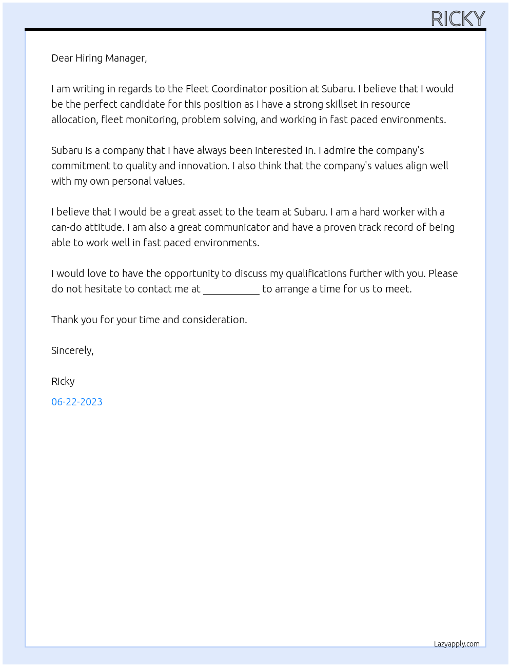 Fleet Coordinator At Subaru Cover Letter