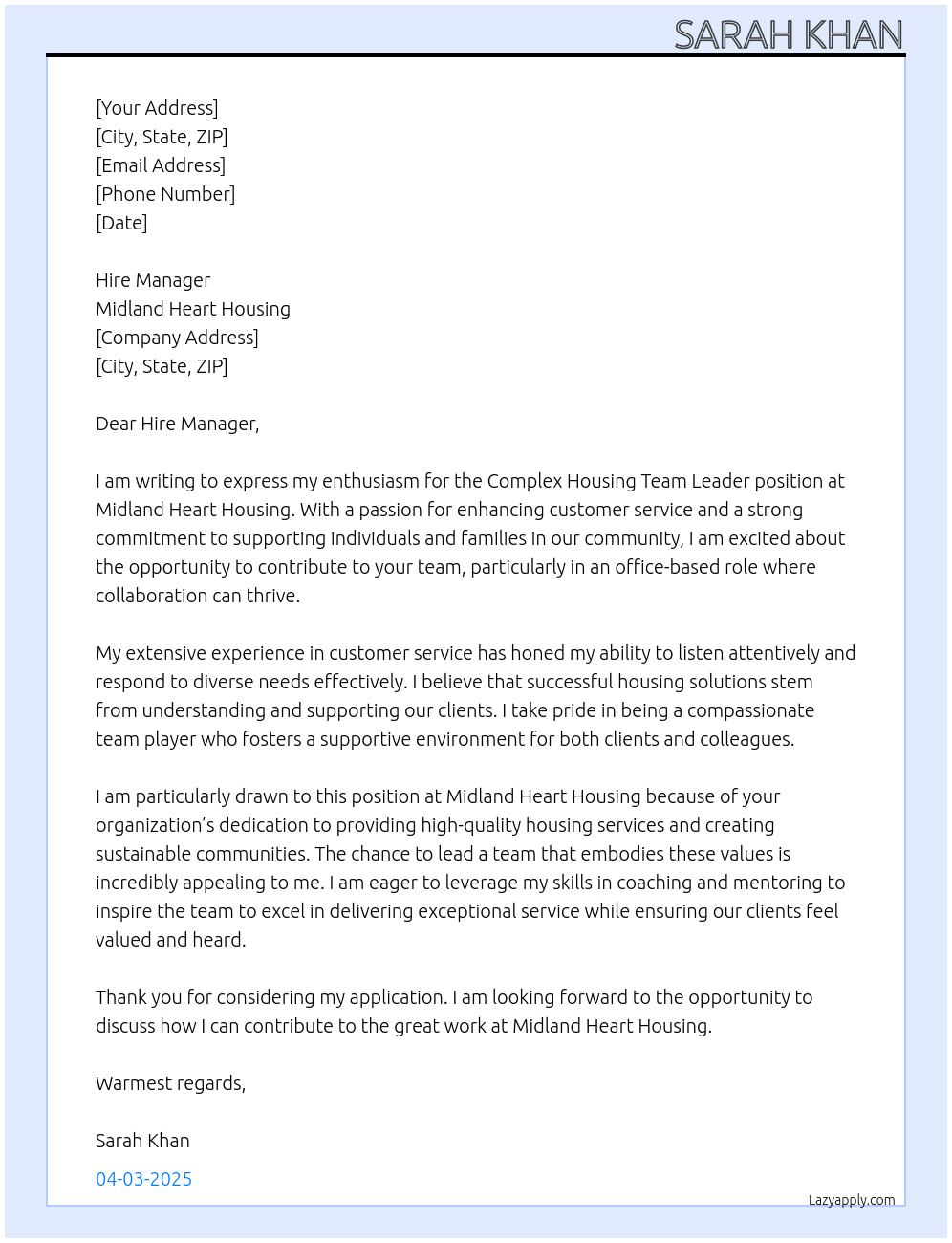 Cover letter for complex housing team leader - LazyApply