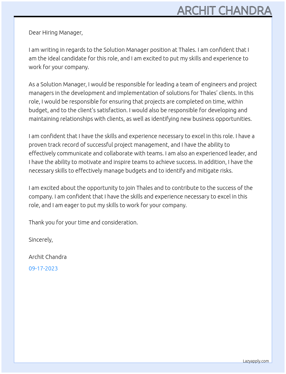 Solution Manager At Thales Cover Letter