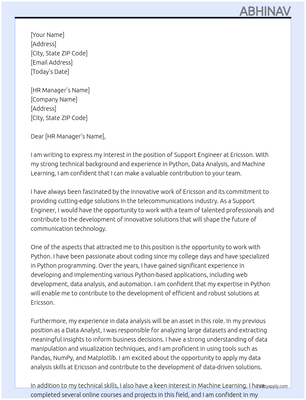 Support Engineer At Ericsson Cover Letter