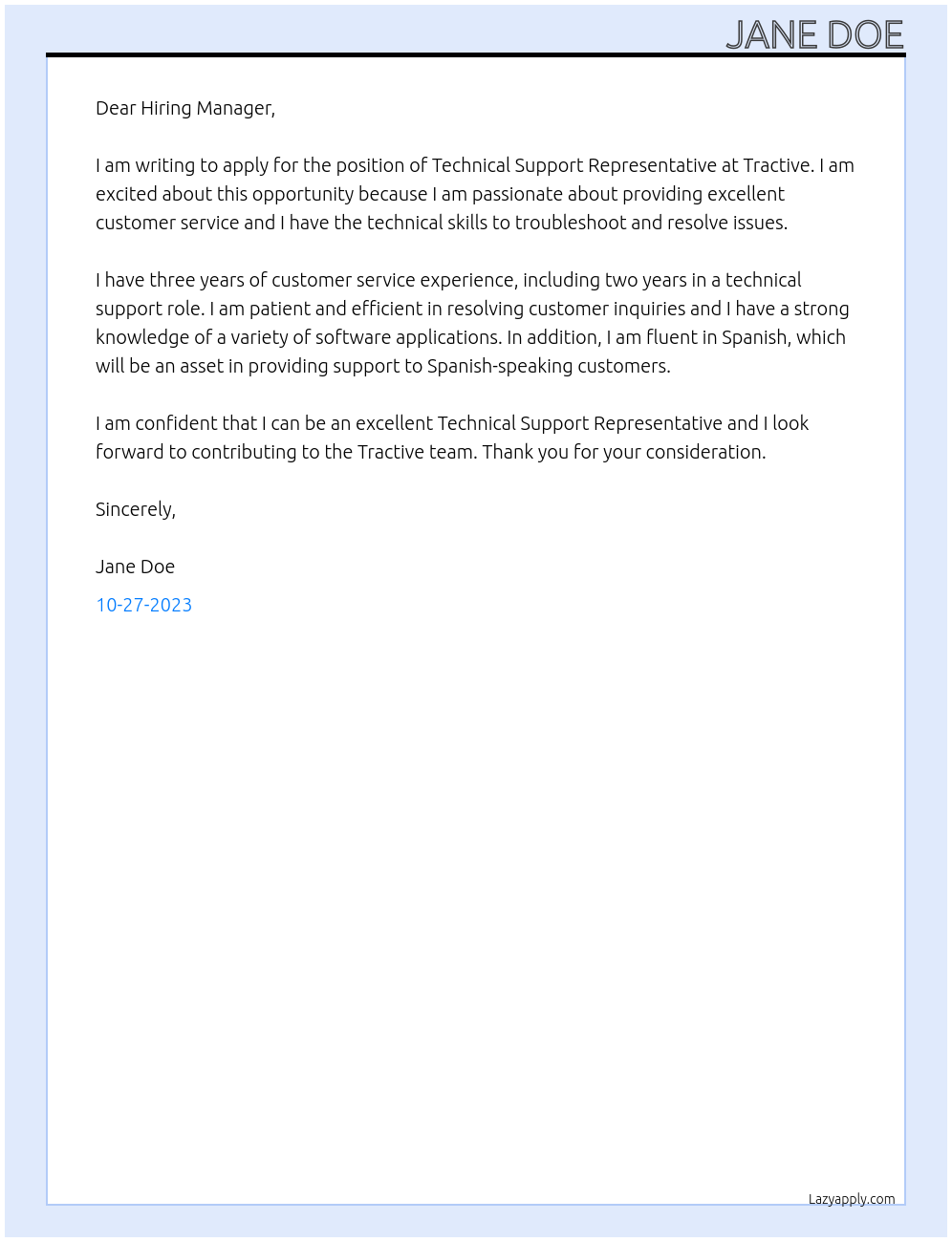 Technical Support Representative At Tractive Cover Letter