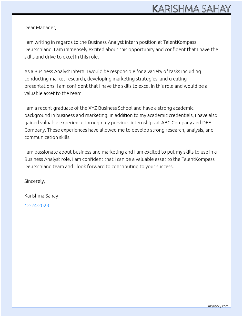 Business Analyst intern At TalentKompass Deutschland Cover Letter