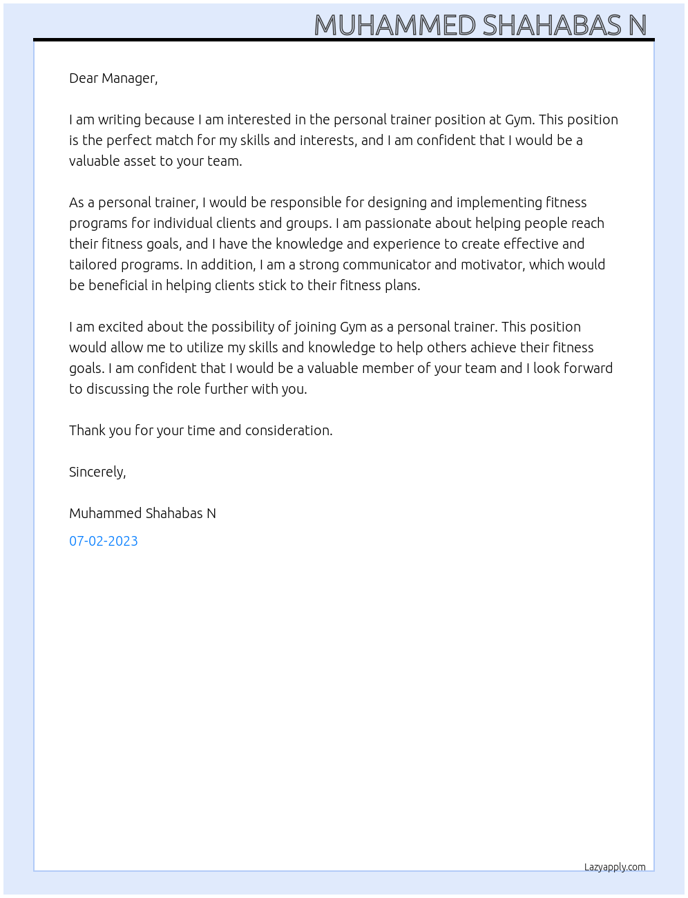 Personal Trainer At Gym Cover Letter