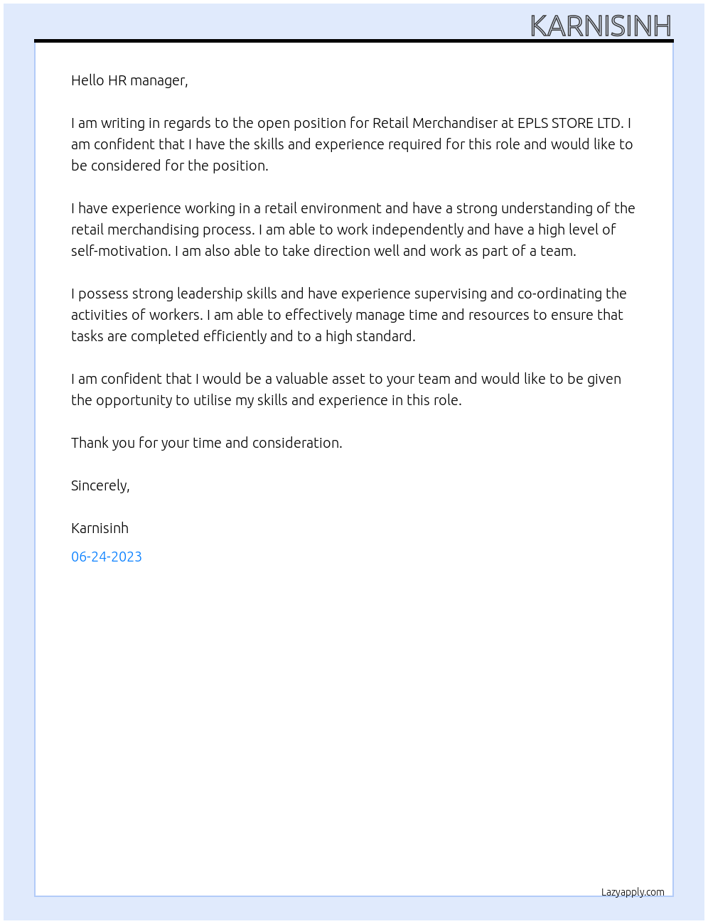 Retail merchandiser At EPLS STORE LTD. Cover Letter