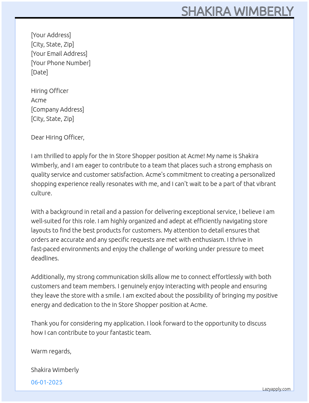 In Store Shopper At Acme Cover Letter