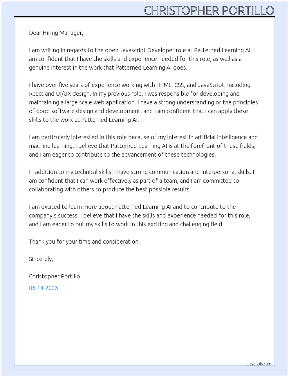 Cover Letter At Patterned Learning AI Cover Letter