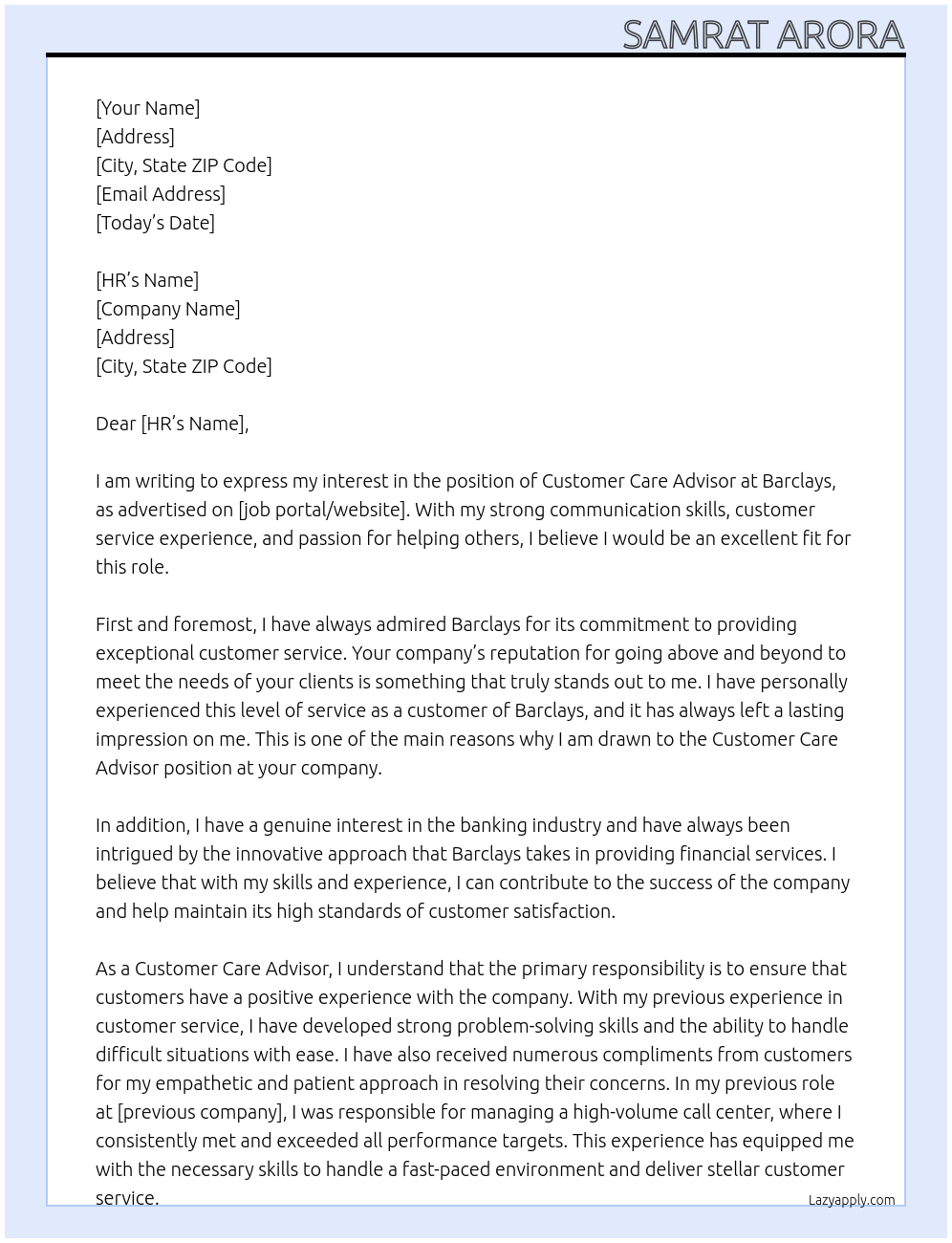 Customer Care Advisor At Barclays Cover Letter