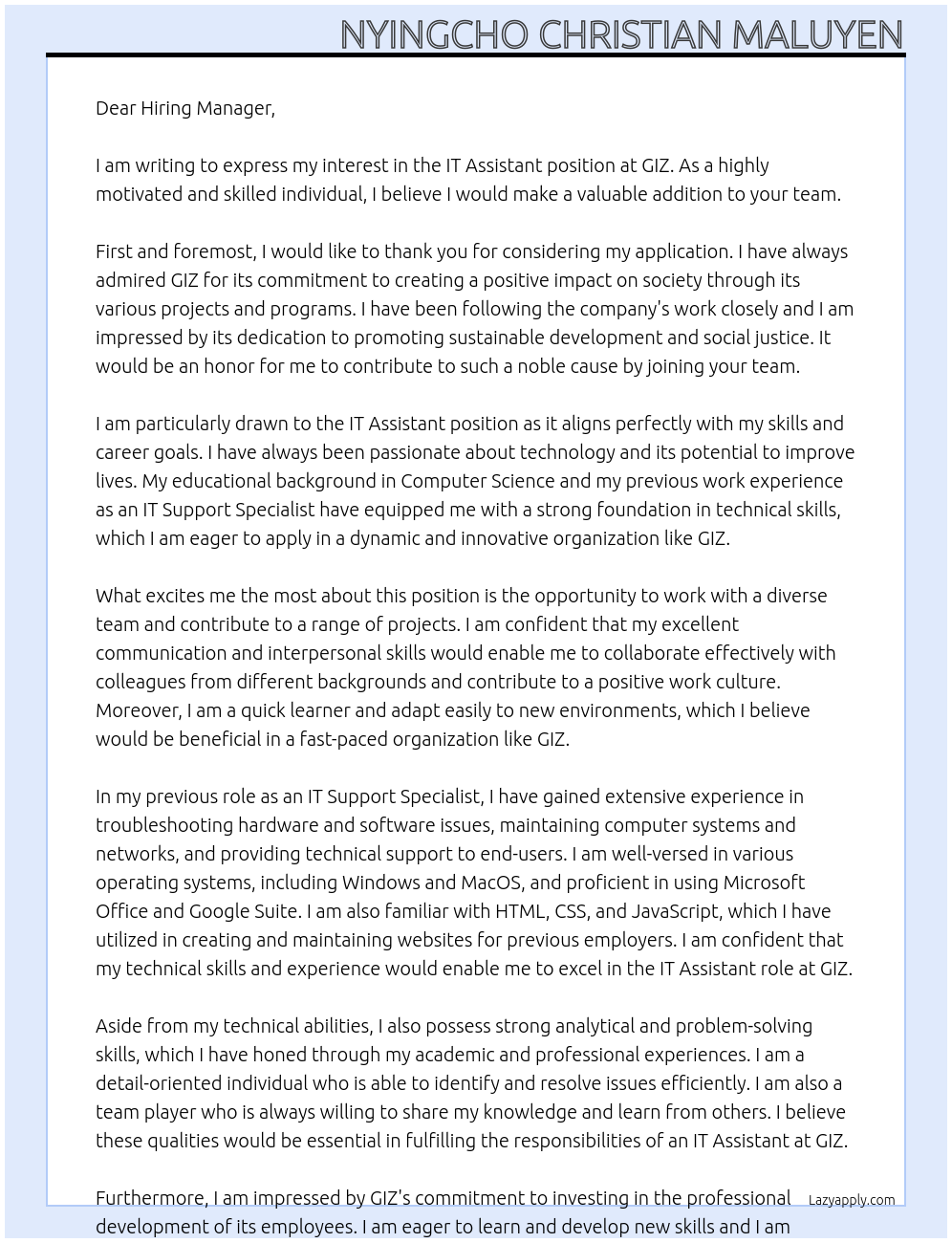 IT Assistant At GIZ Cover Letter
