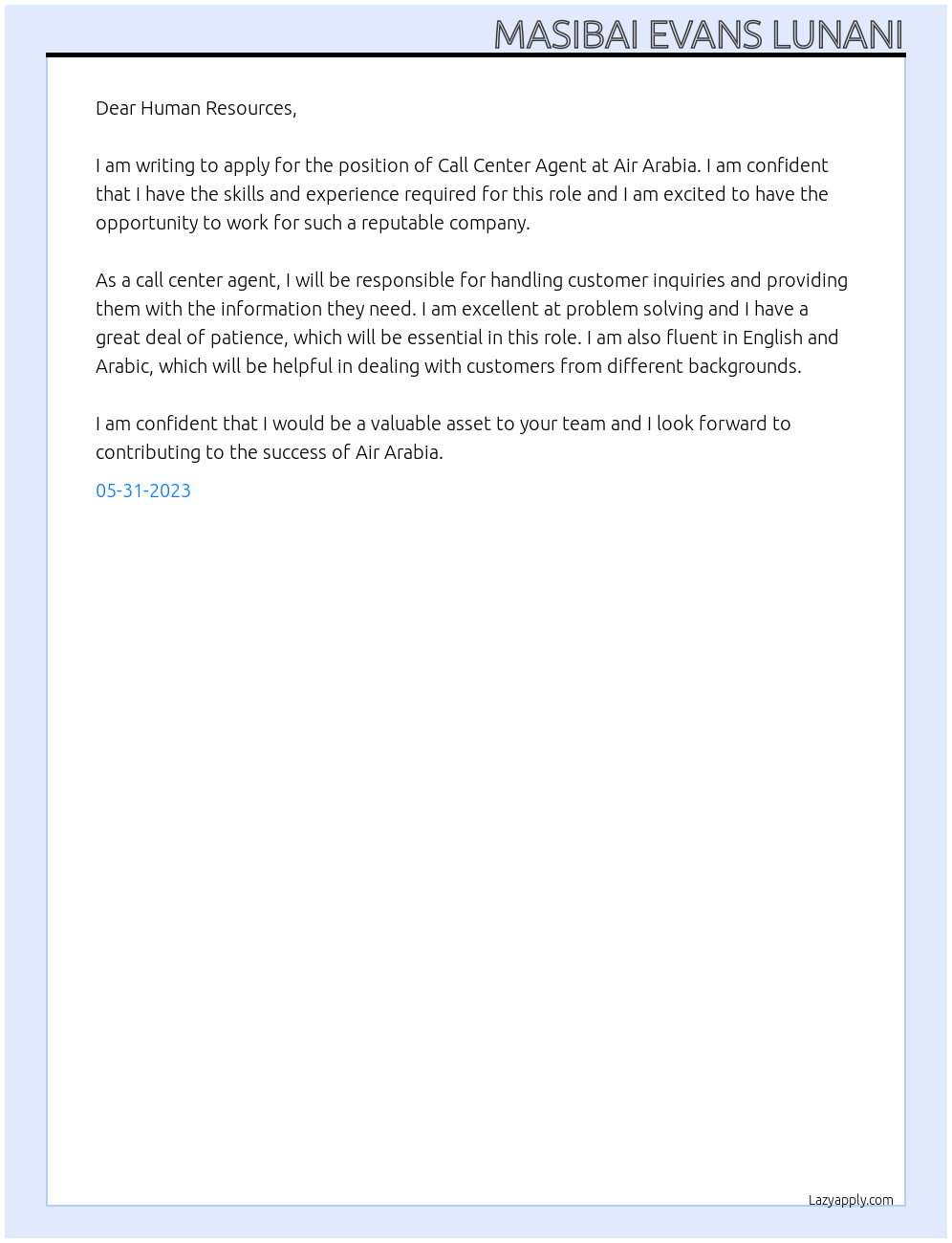 Call center agent At Air Arabia Cover Letter