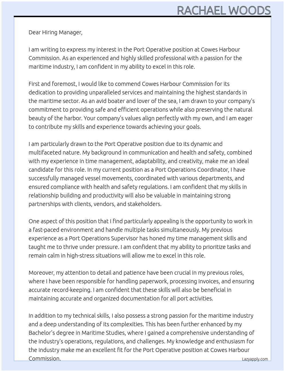 Port Operative  At Cowes Harbour Commission Cover Letter