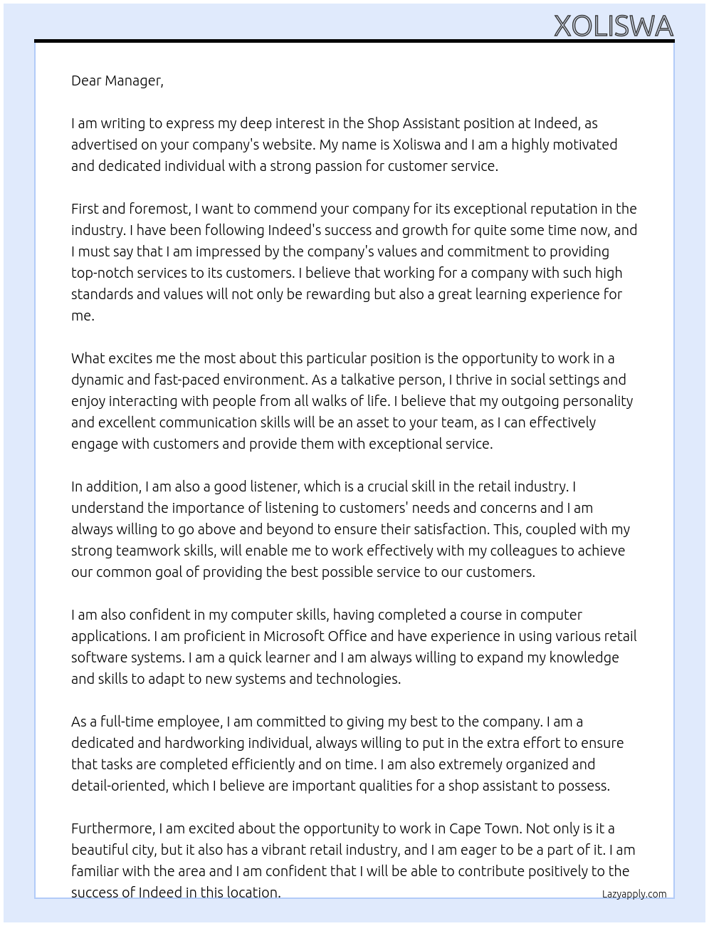 Shop assistant At Indeed Cover Letter