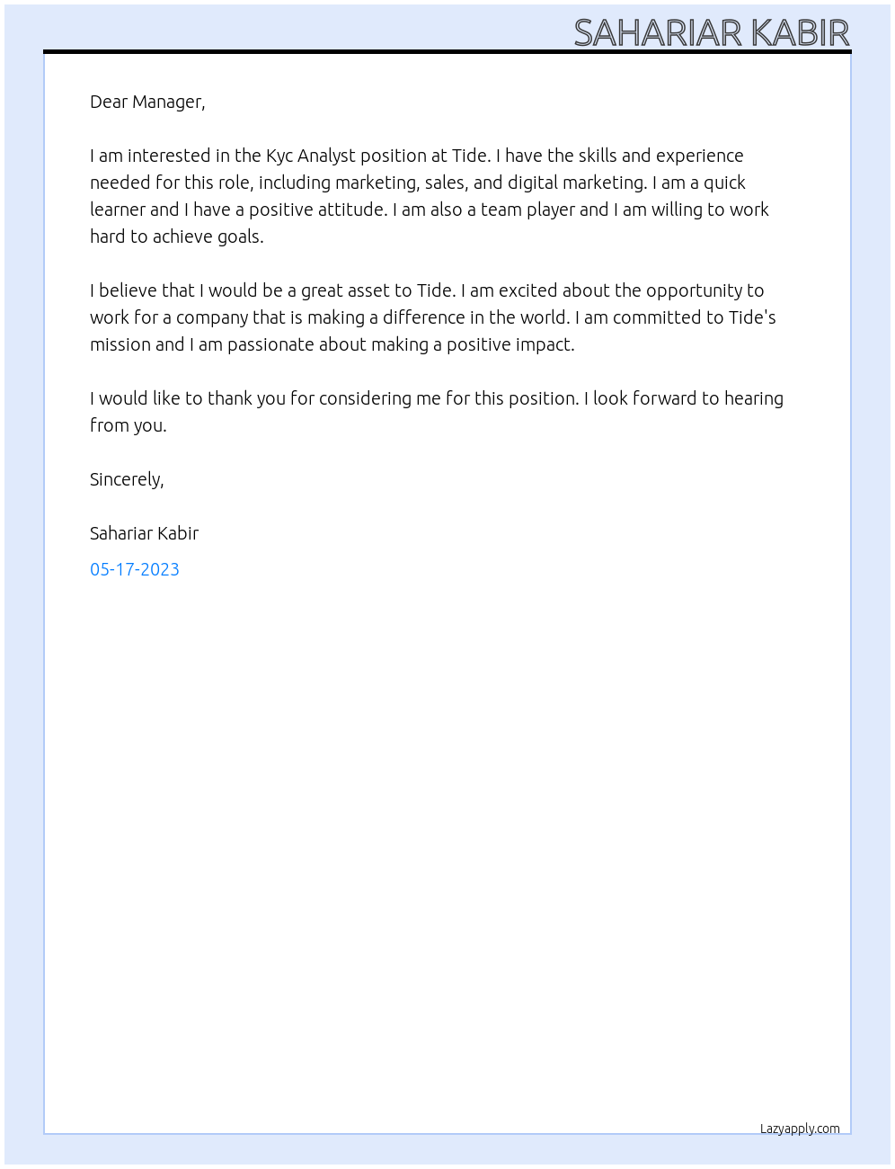 Kyc Analyst At Tide Cover Letter