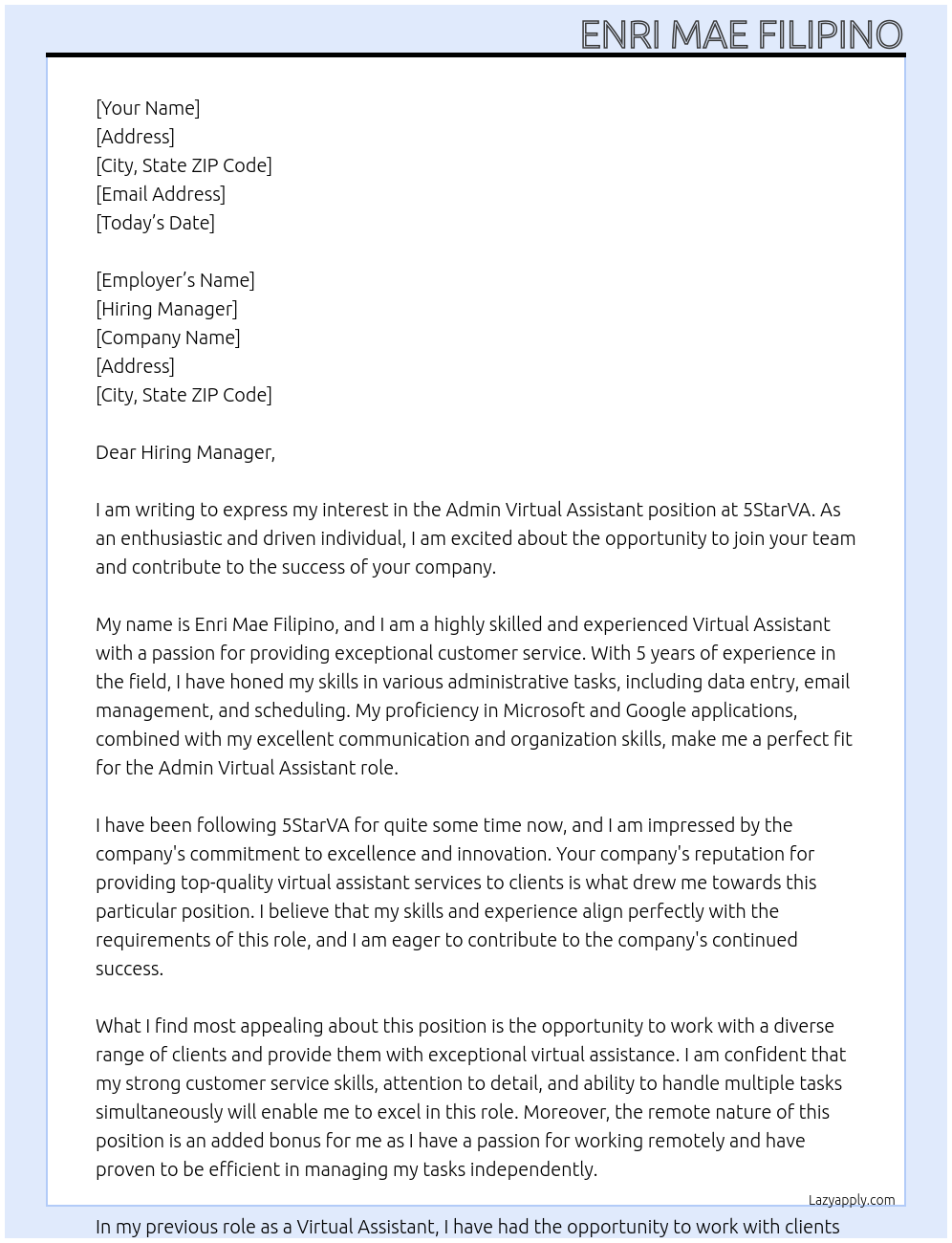 Admin Virtual Assistant At 5StarVA Cover Letter