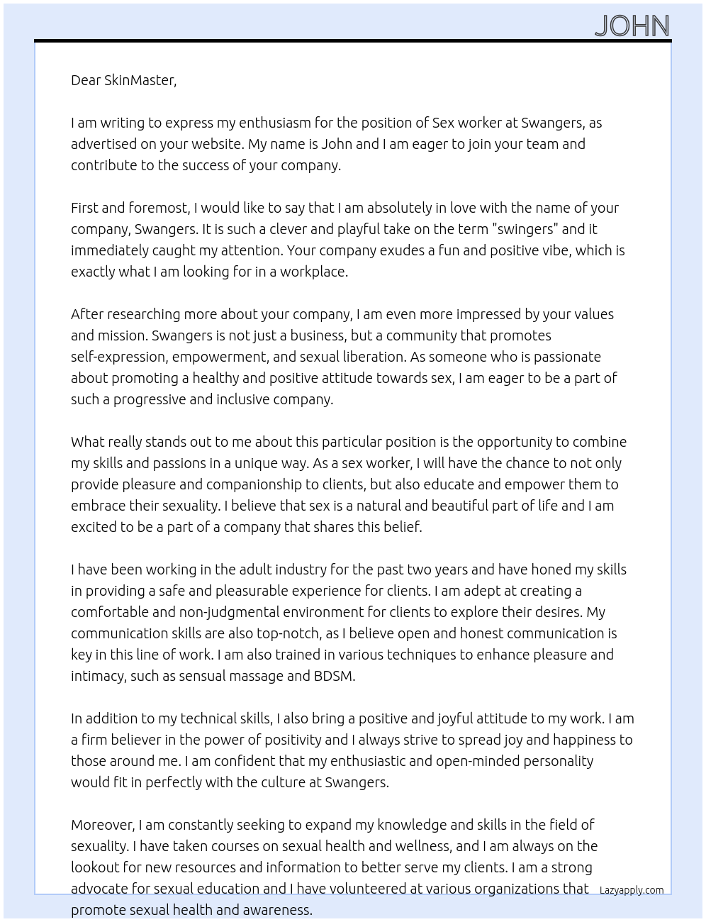 Sex worker At Swangers Cover Letter