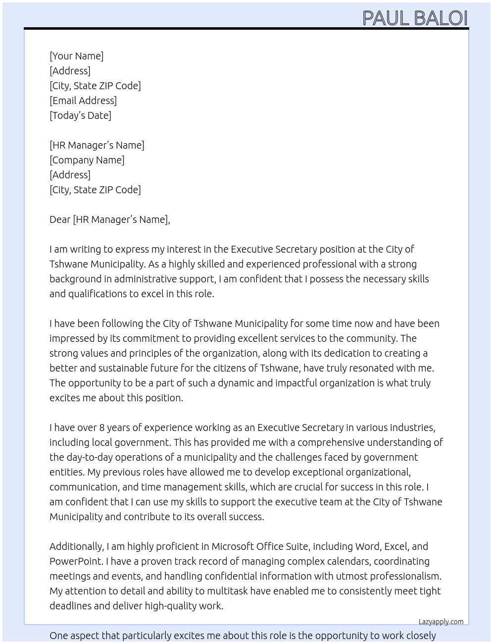 Executive Secretary At City of Tshwane Municipality Cover Letter
