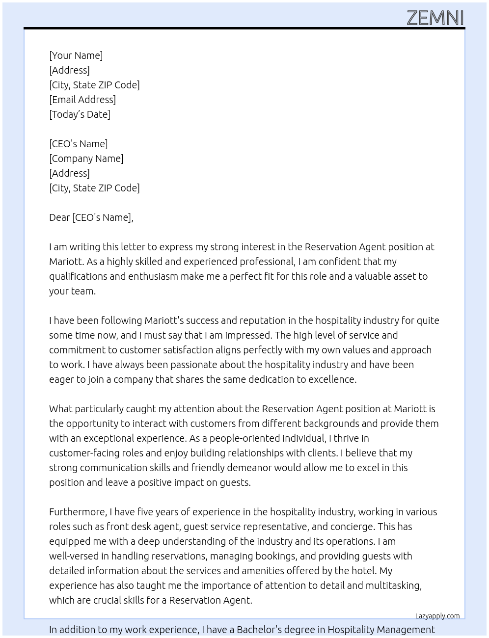 reservation agent At Mariott Cover Letter