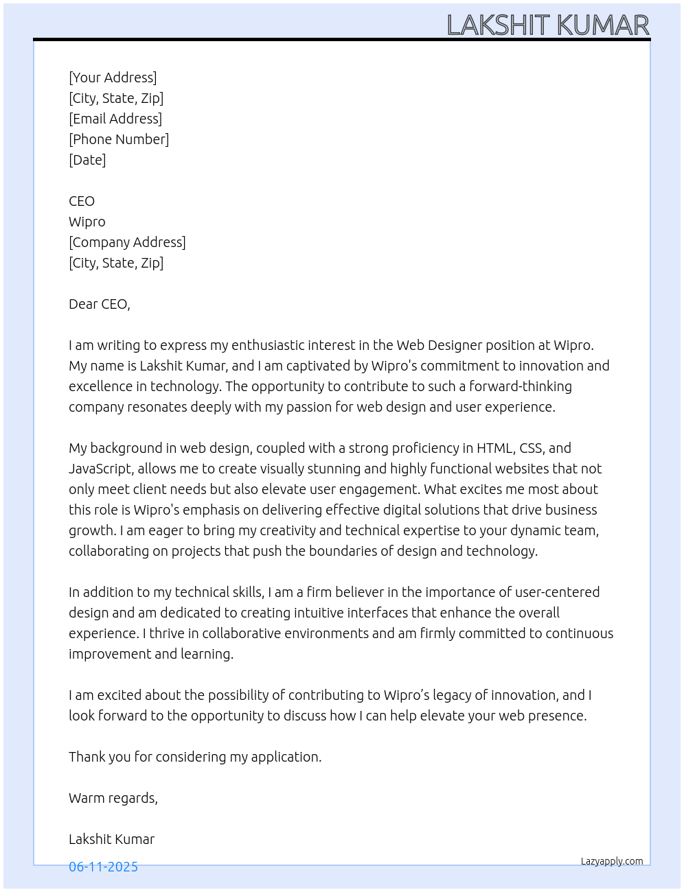 Web designing  At Wipro  Cover Letter
