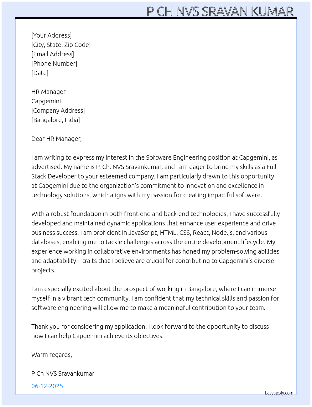 SOFTWARE ENGINEERING At CAPGEMINI Cover Letter
