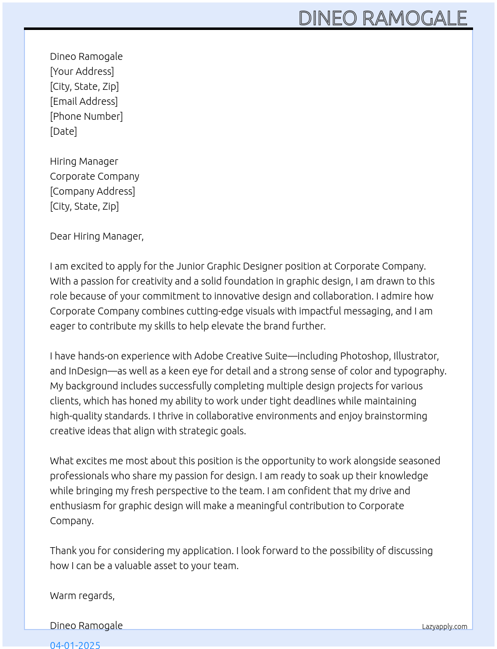 Junior graphic designer At Corporate Company Cover Letter