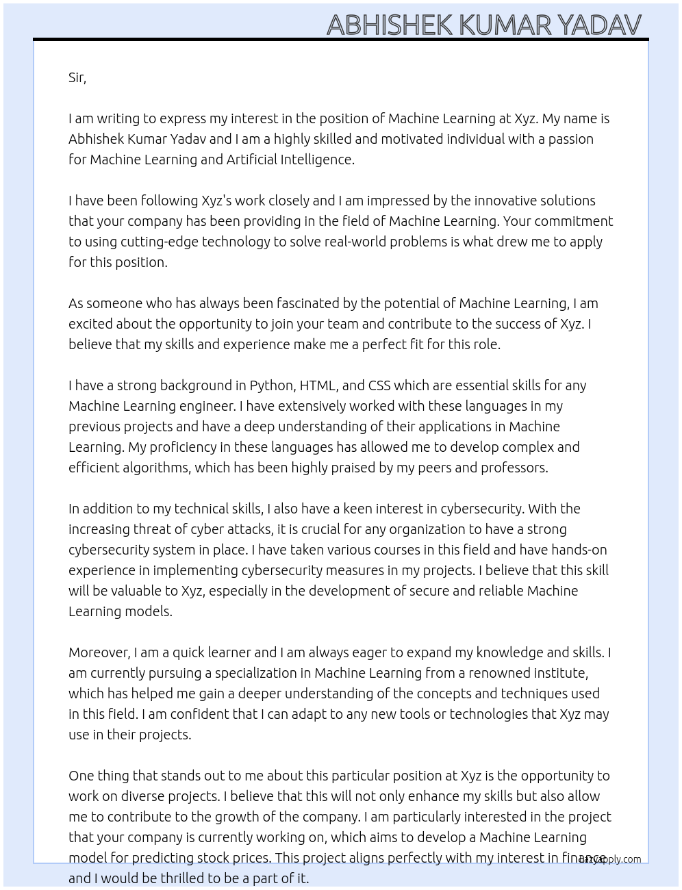 Machine learning  At Xyz Cover Letter