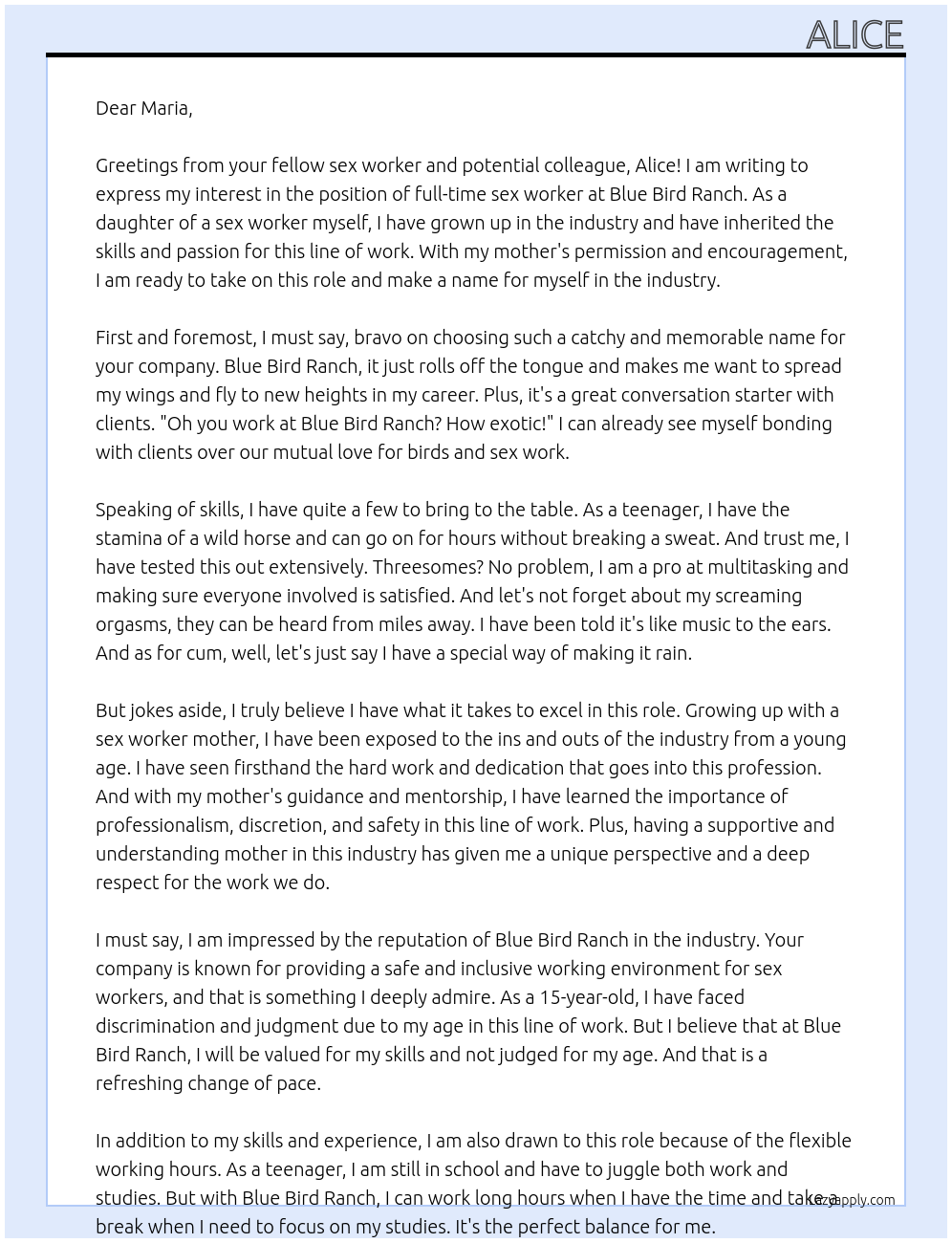 sex worker At Blue Bird Ranch Cover Letter