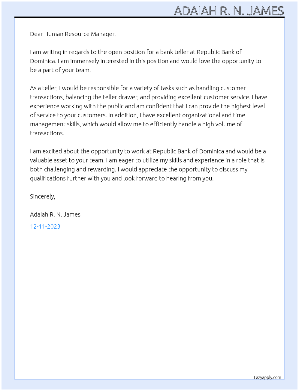 Bank Teller At Republic Bank of Dominica Cover Letter