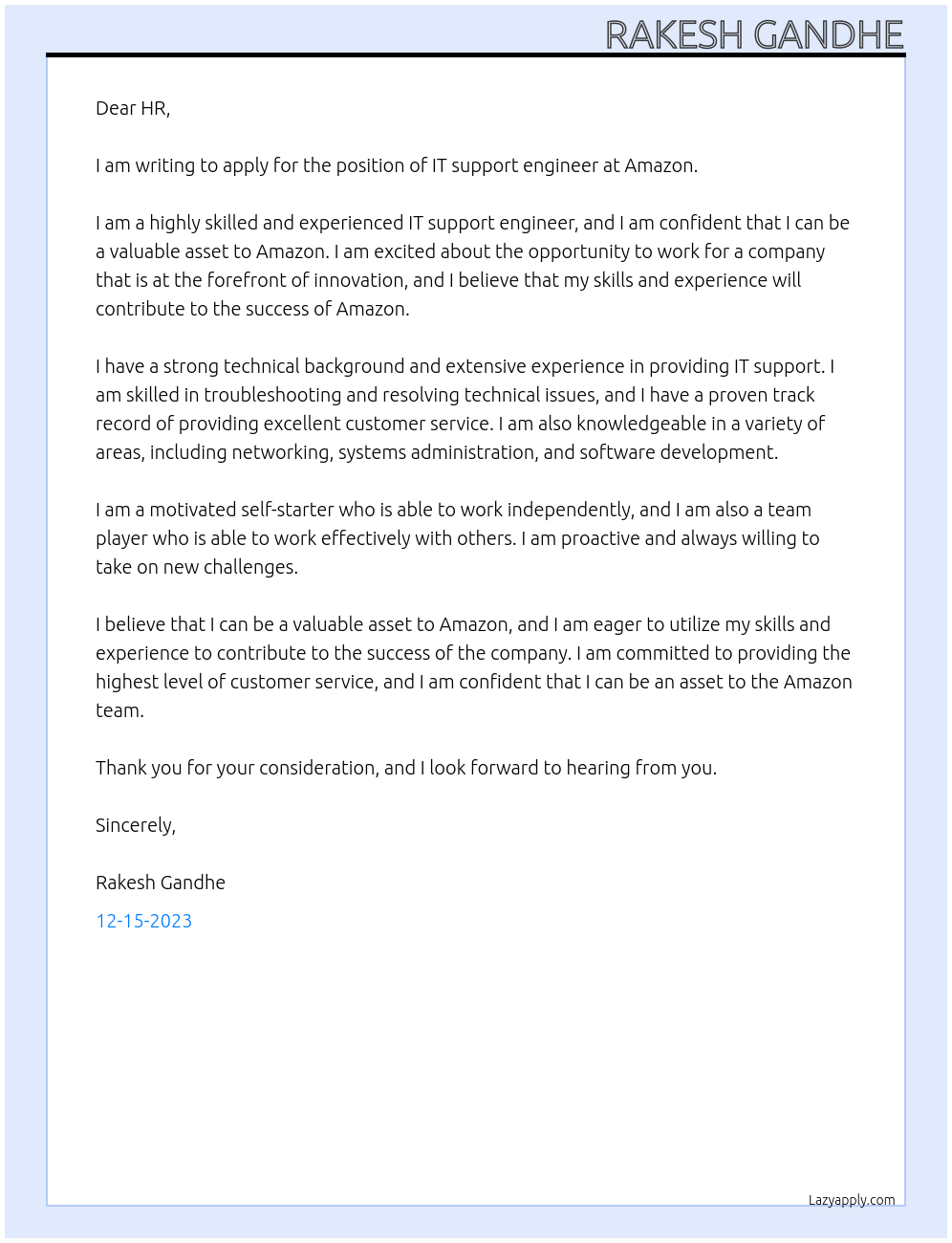 IT support engineer At Amazon Cover Letter