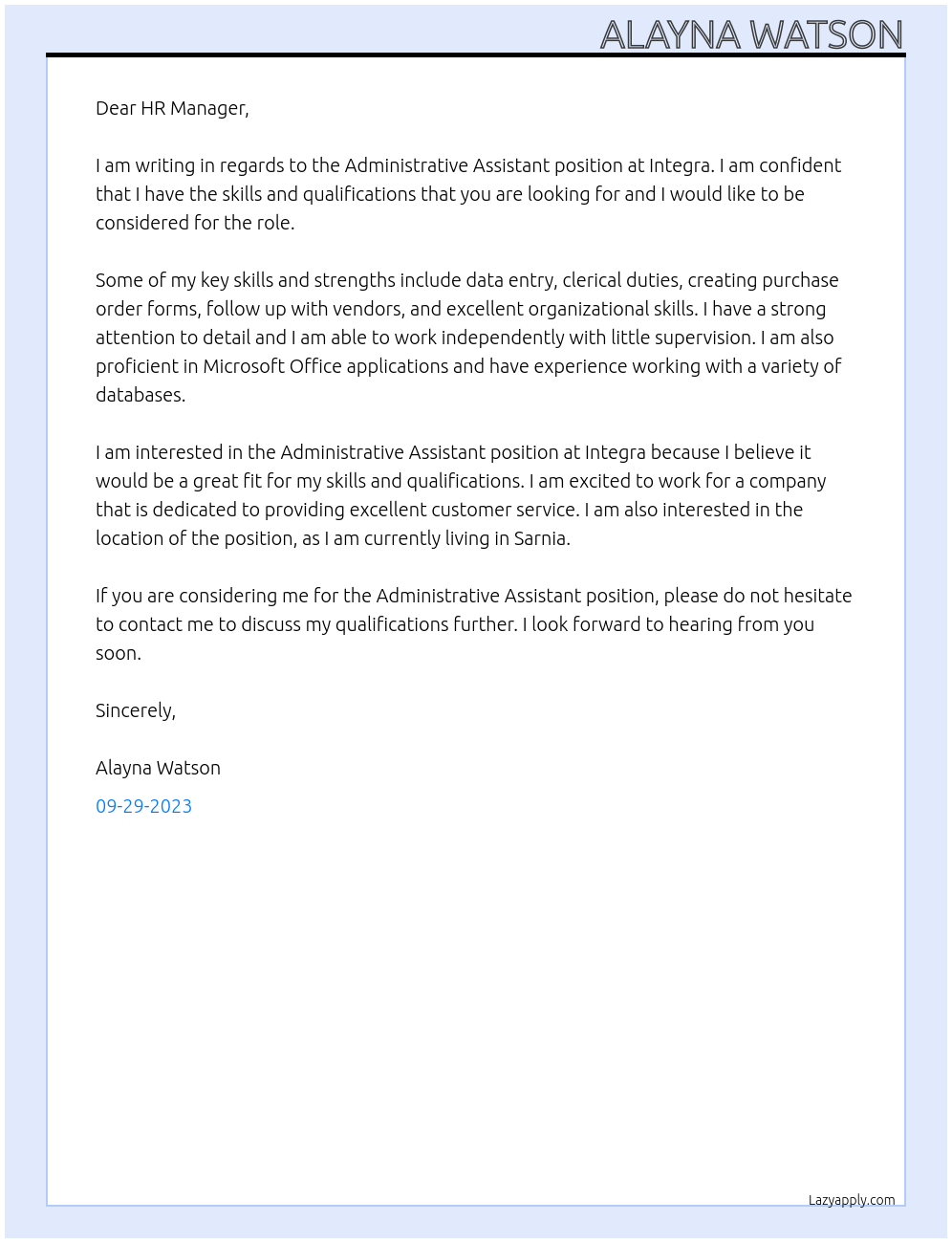 Adminstrative assistant At Integra Cover Letter