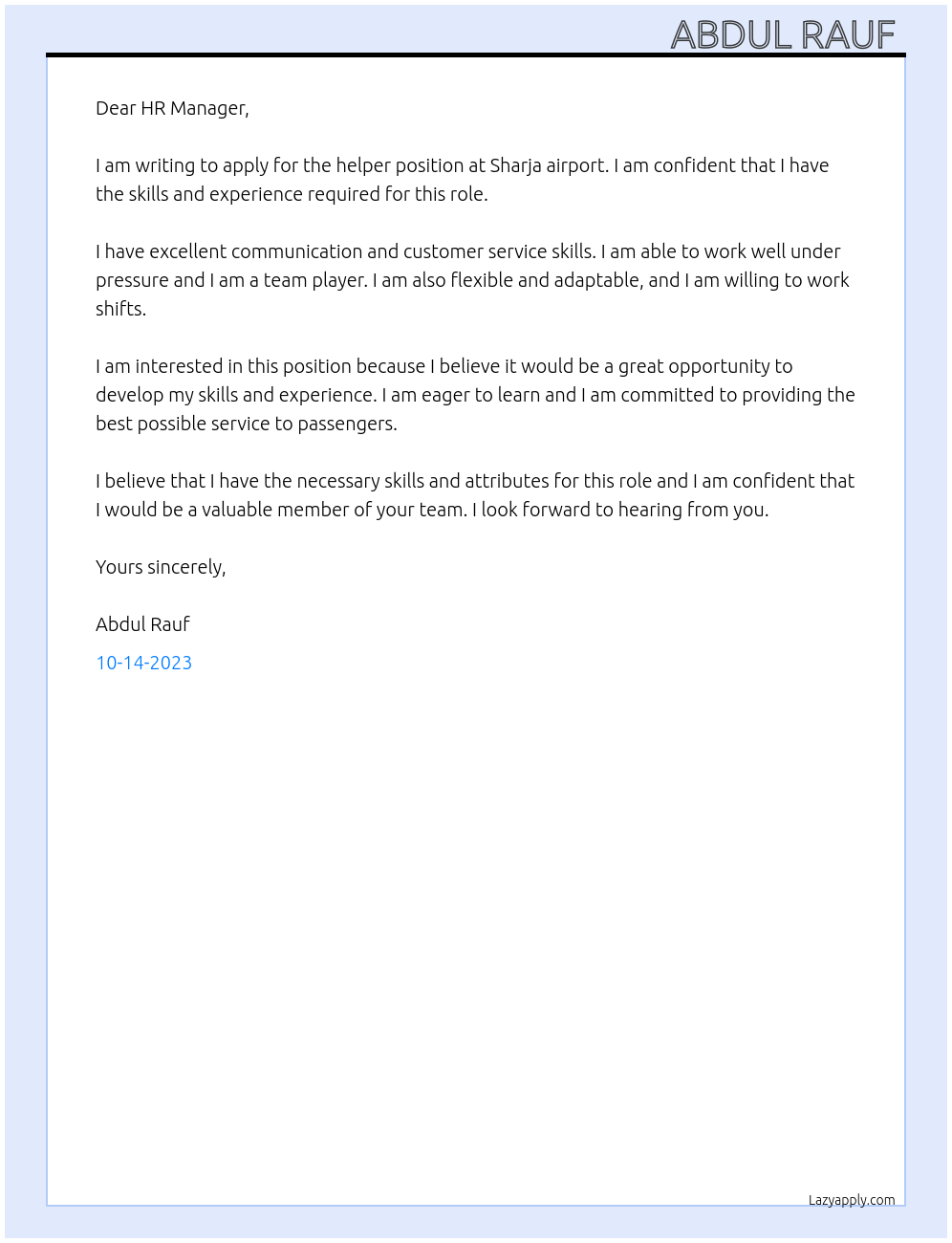 Helper  At Sharja airport  Cover Letter