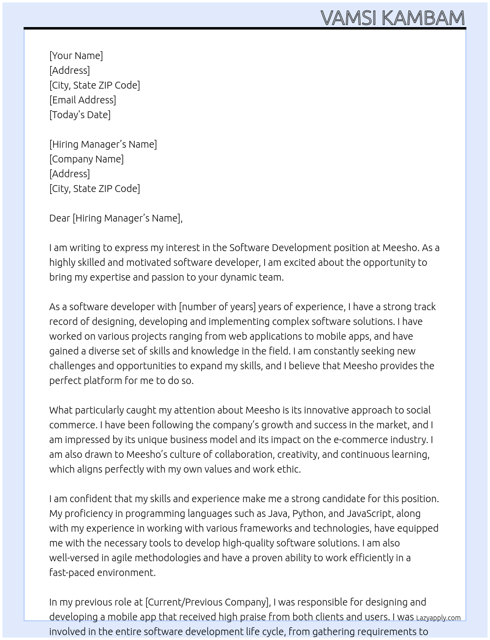 software development At meesho Cover Letter