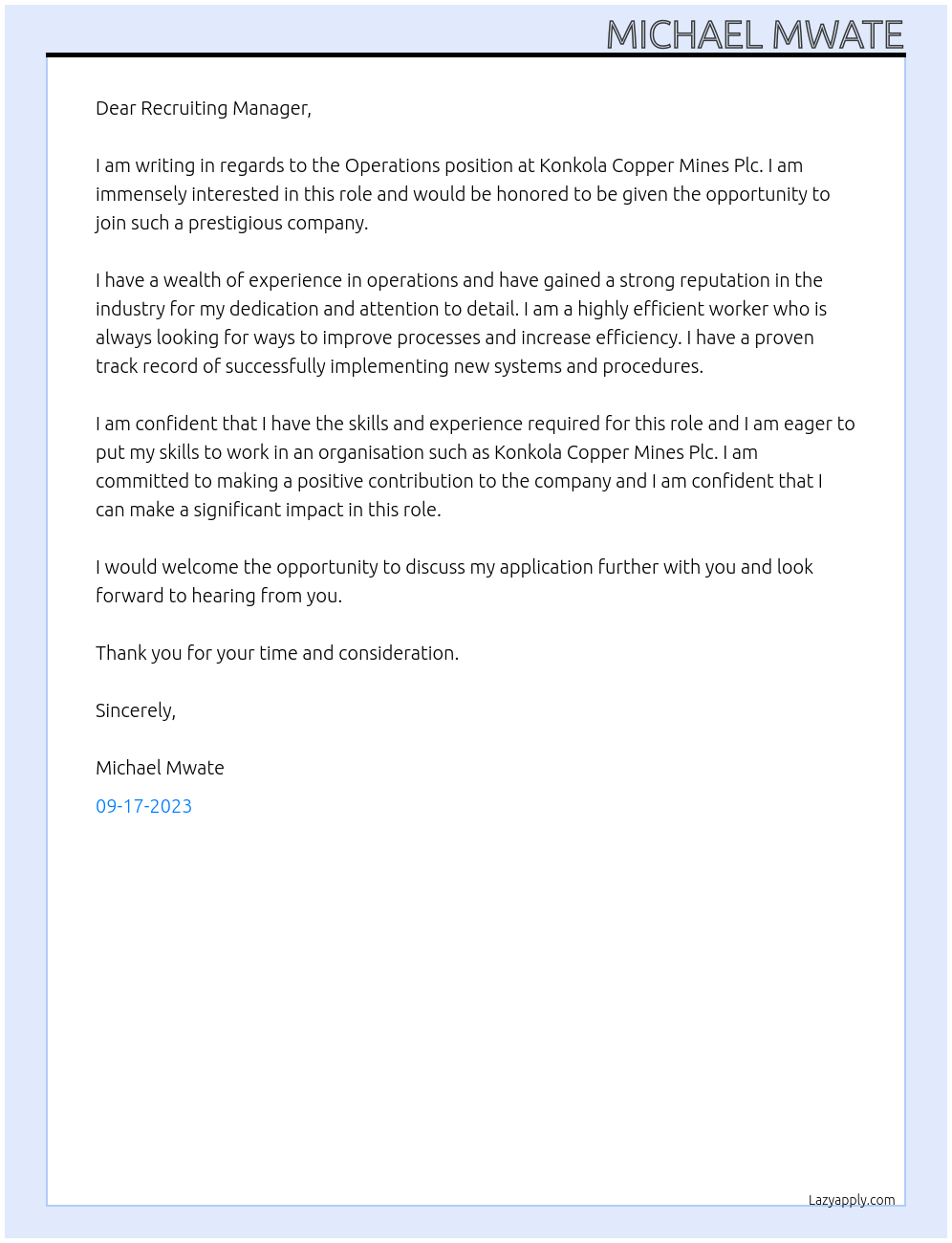 Operations  At Konkola Copper Mines Plc Cover Letter