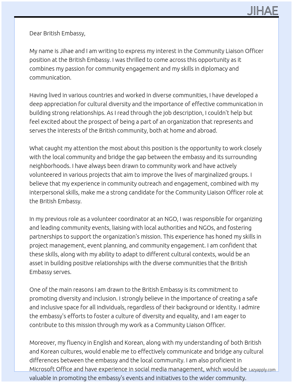 Community Liaison Officer At British Embassy Cover Letter