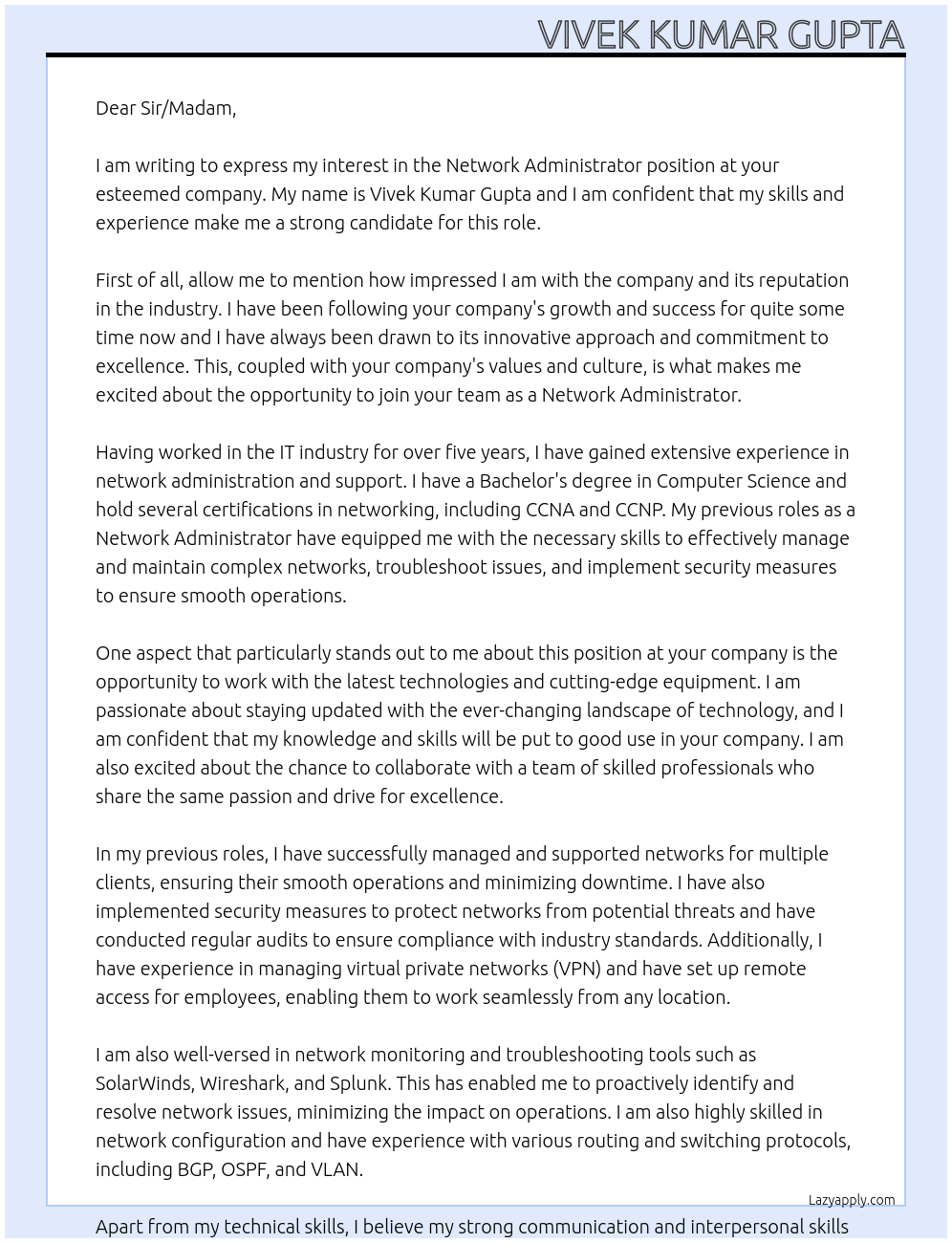 Network administrator At Sir madam Cover Letter