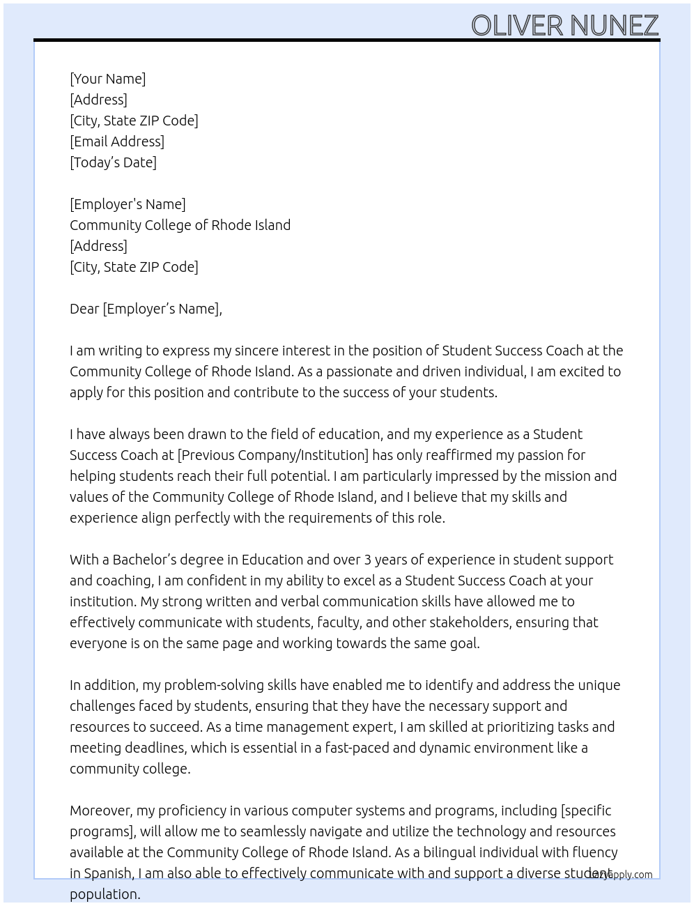 Student Success Coach At Community College of Rhode Island Cover Letter