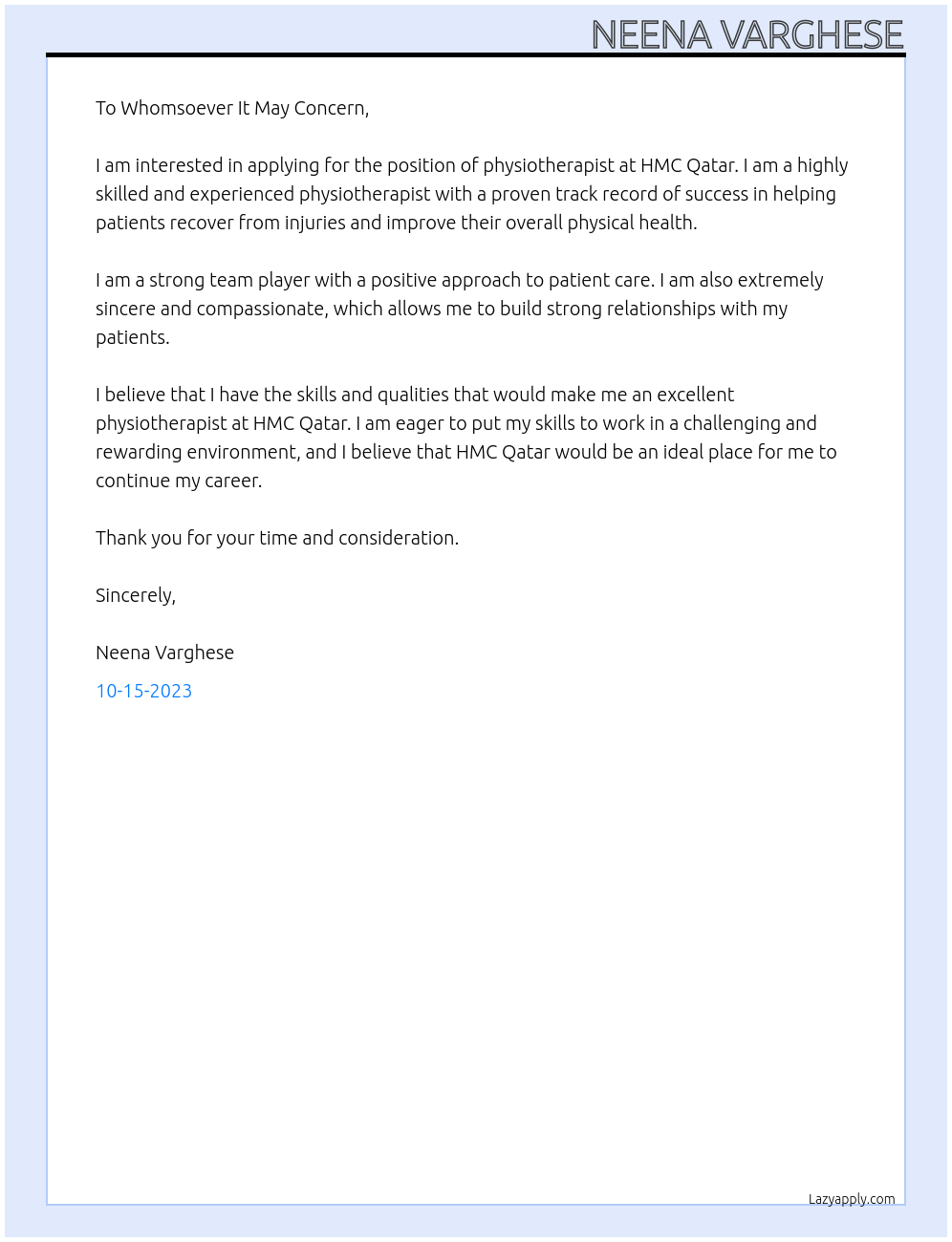 physiotherapist At HMC Qatar Cover Letter