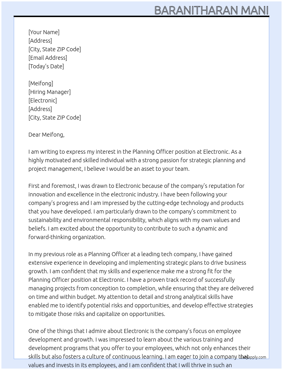 Planning officer At Electronic Cover Letter