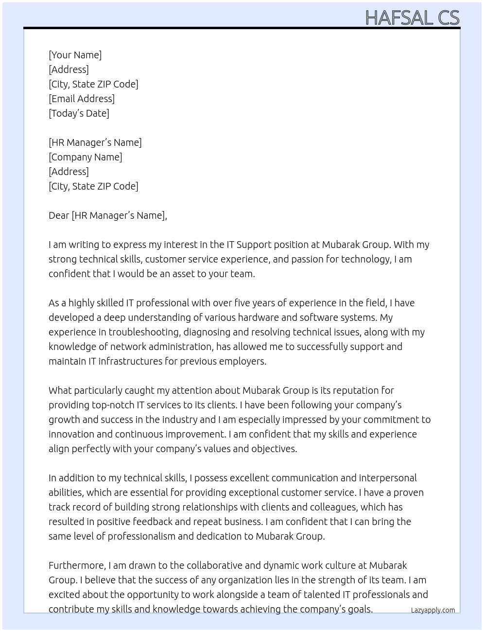 It support At Mubarak group Cover Letter