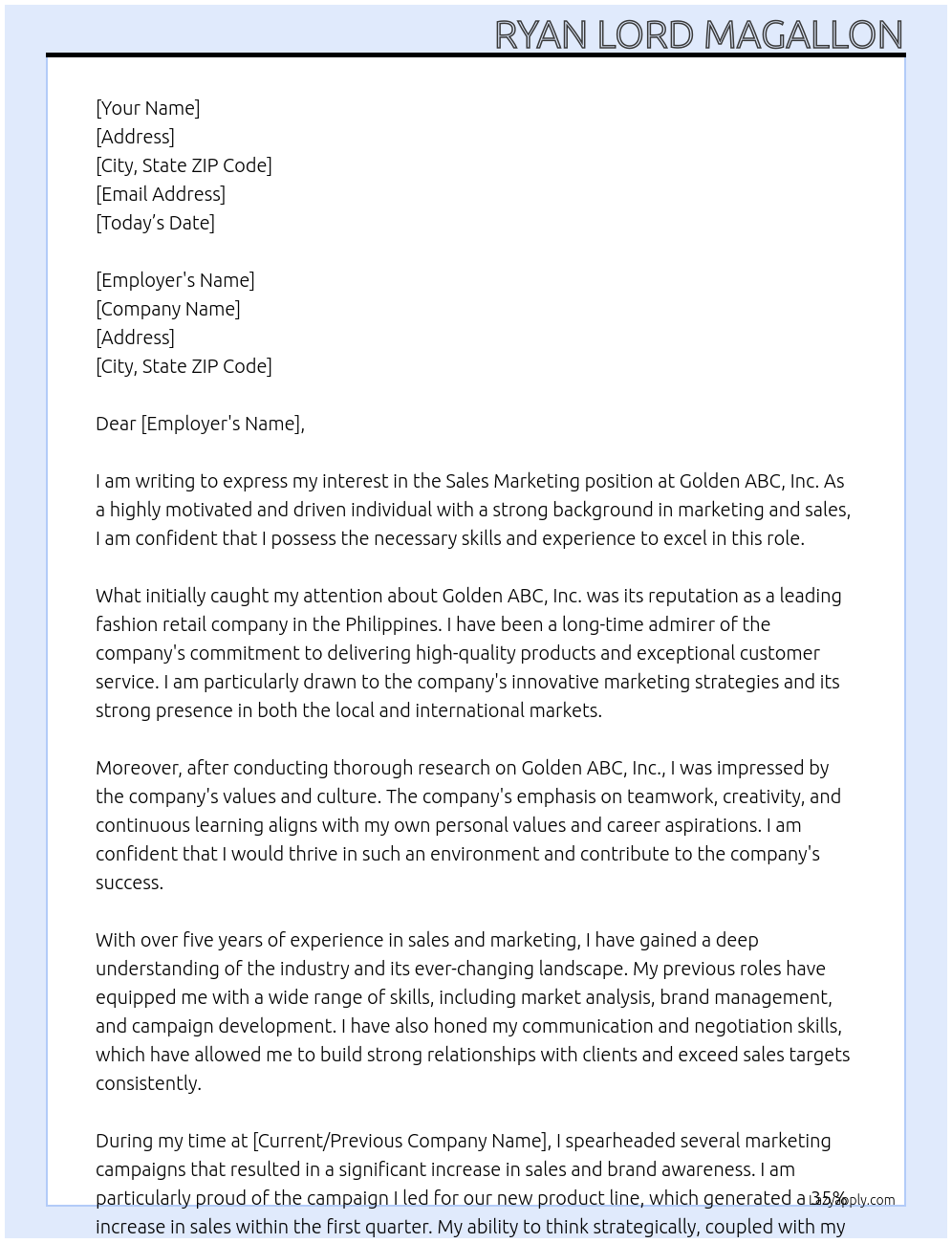 Sales Marketing At Golden ABC, Inc. Cover Letter