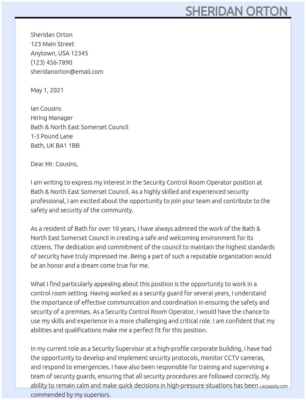 Security control room operator At Bath & north east Somerset council  Cover Letter