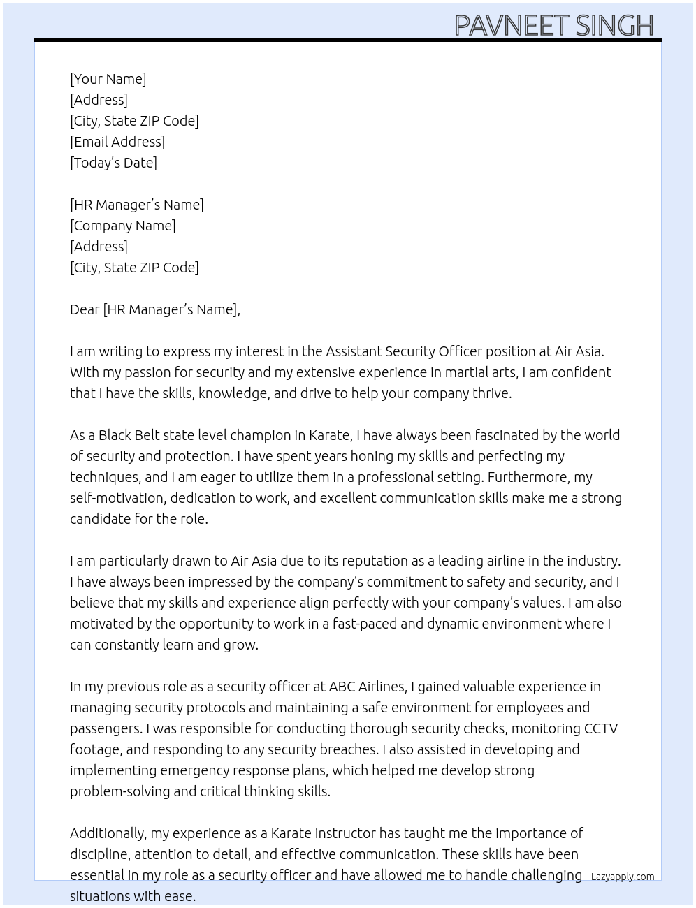 Assistant Security officer  At Air asia Cover Letter