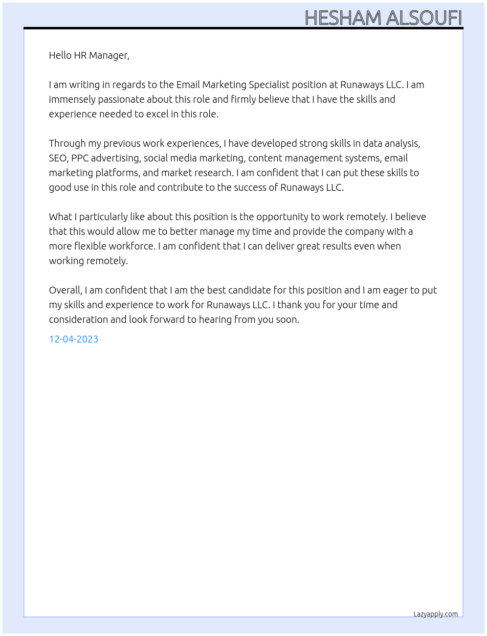 Email Marketing Specialist At Runaways LLC Cover Letter