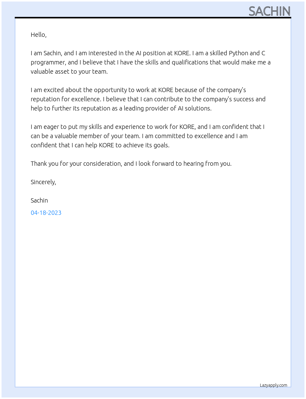 AI  At KORE Cover Letter