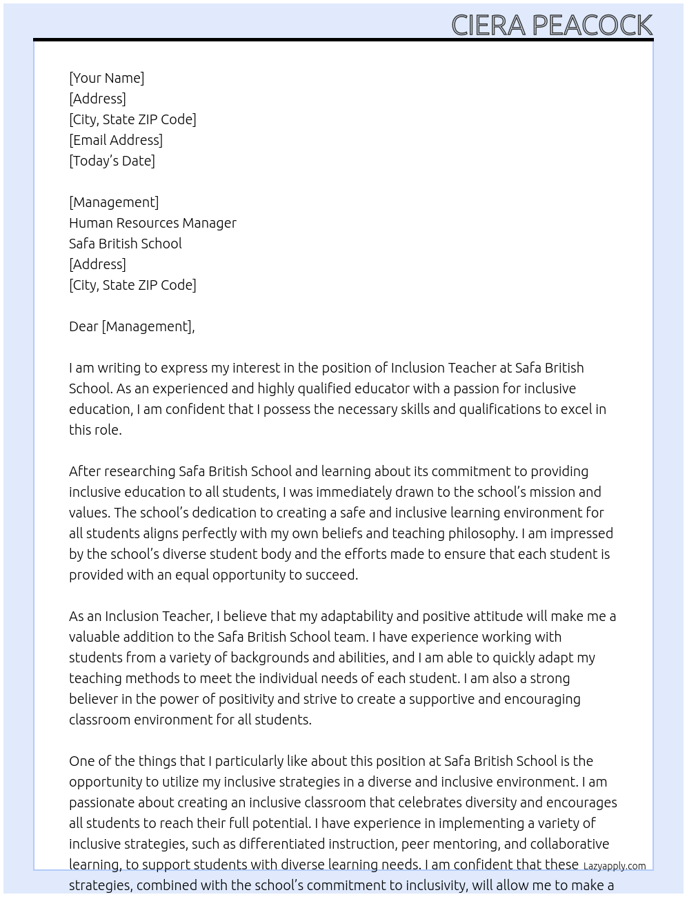 Inclusion teacher At Safa British School Cover Letter