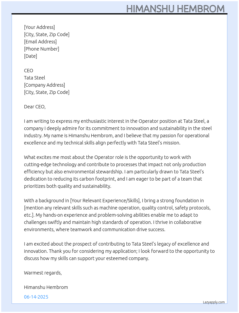 Operator At Tata Steel Cover Letter