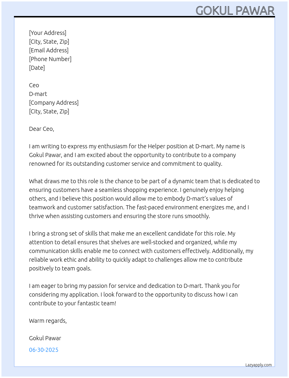 Helper At D-mart Cover Letter