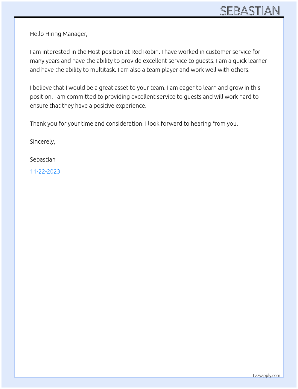 Host At Red Robin Cover Letter