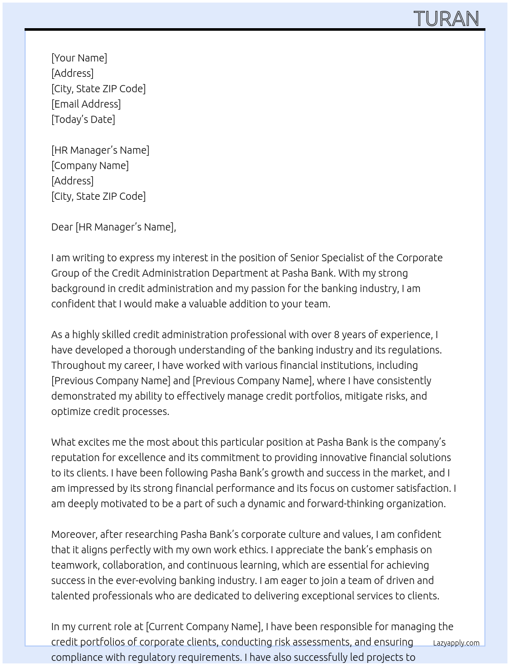 Senior Specialist of the Corporate Group of the Credit Administration Department At Pasha Bank Cover Letter
