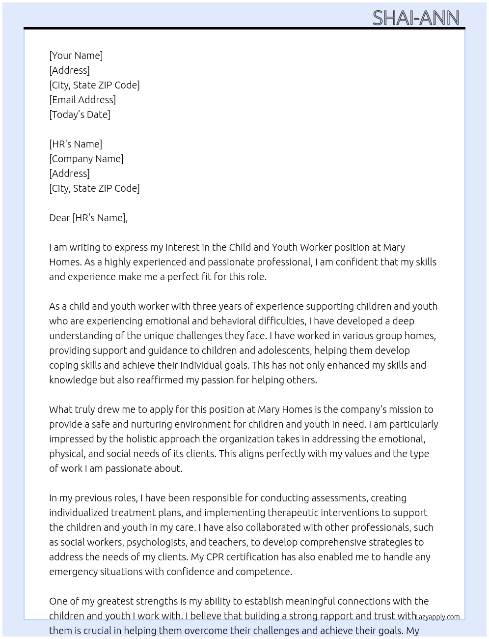 Child and youth worker At Mary Homes Cover Letter