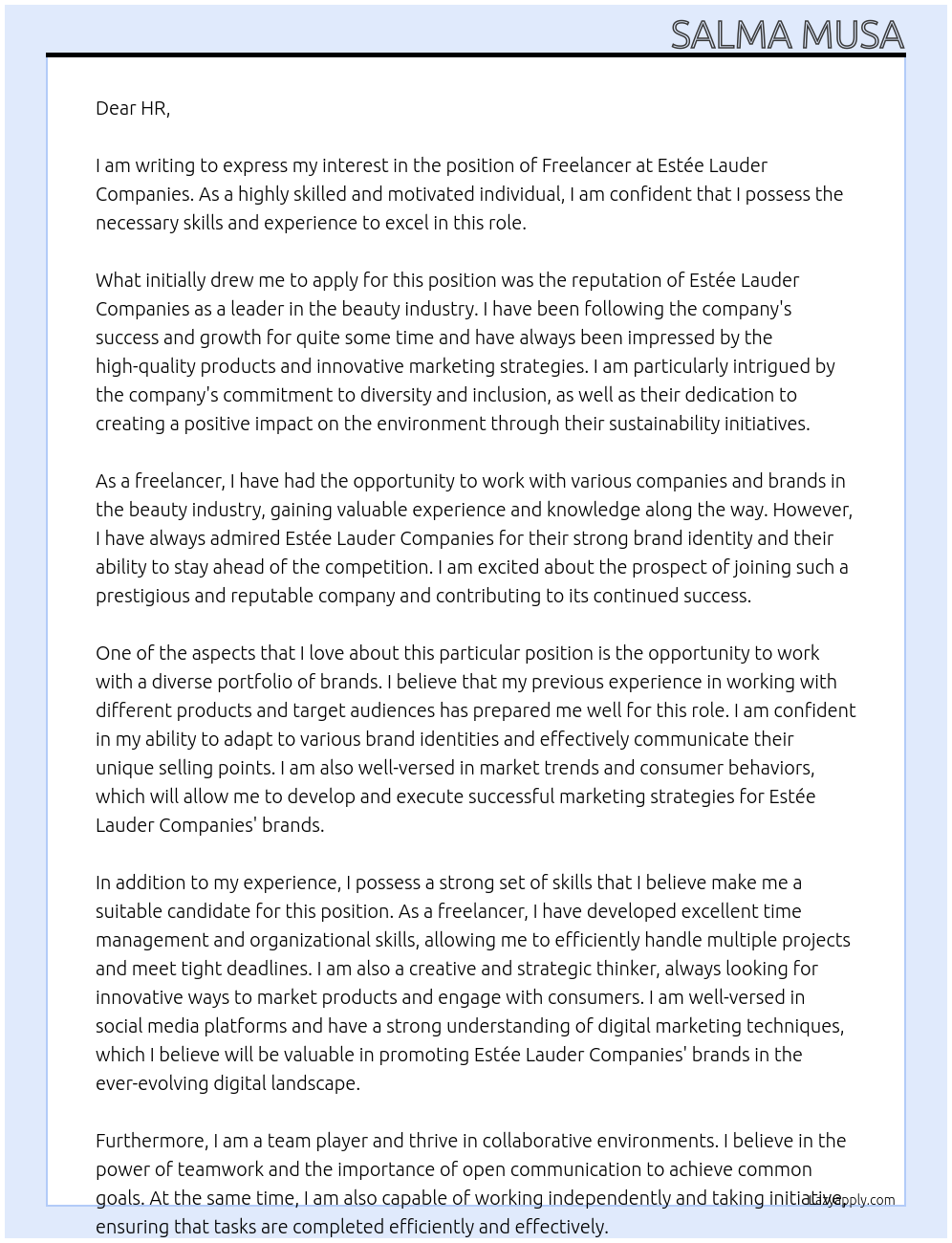 Freelancer At Estée Lauder Companies Cover Letter